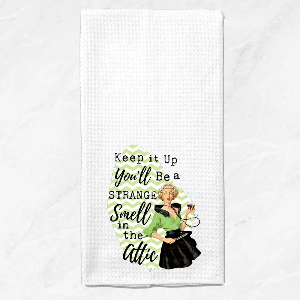 Retro Humor Waffle Weave Kitchen Towel Strange Smell in the Attic White Green